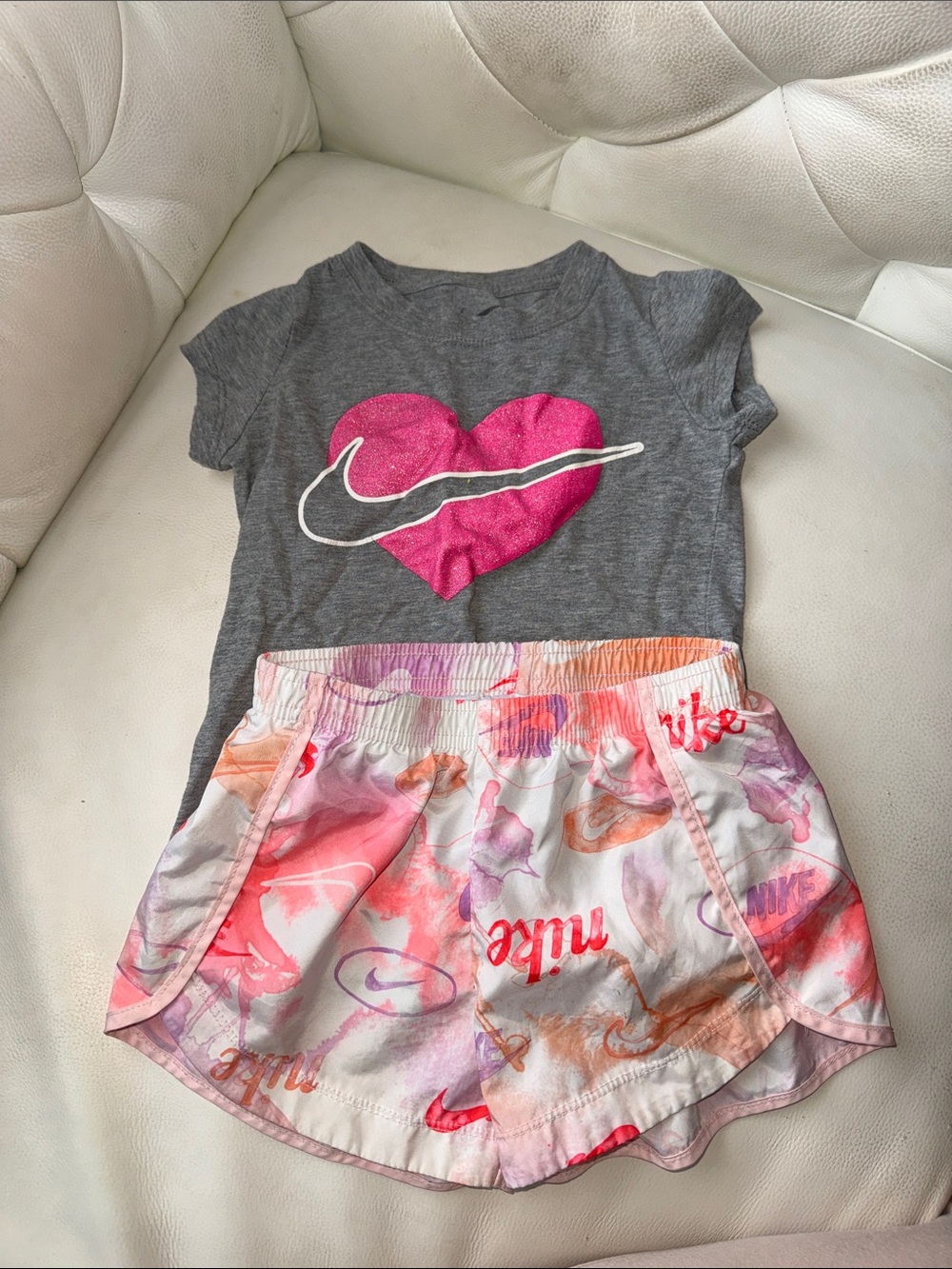 Nike Girls Gray Tee with Pink Heart & Multicolor Watercolor Skort